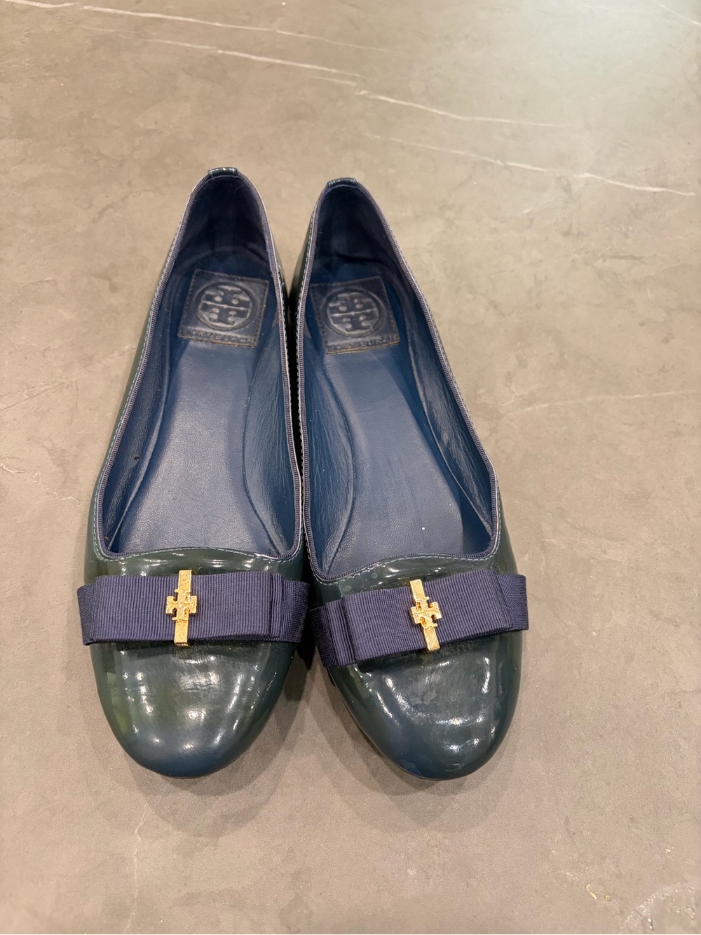 Tory Burch Forest Green Patent Leather Flats with Navy Grosgrain Bow